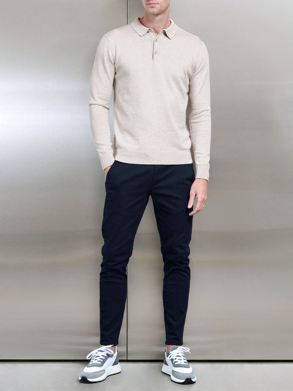 Cotton Knitted Long Sleeve Button Polo Shirt in Oatmeal