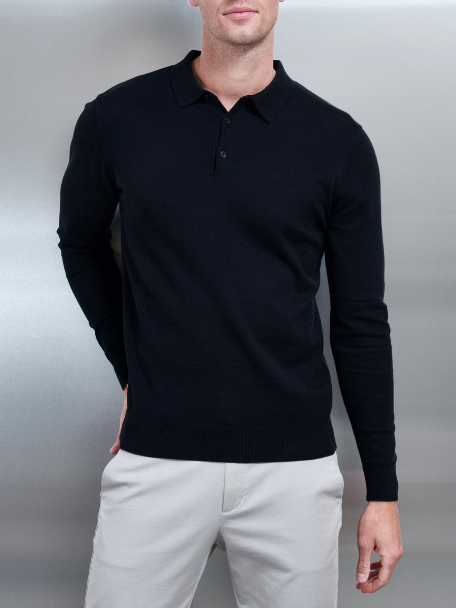 Cotton Knitted Long Sleeve Button Polo Shirt in Black