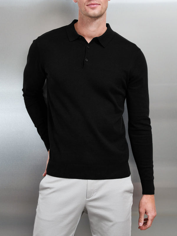 Cotton Knitted Long Sleeve Button Polo Shirt in Black