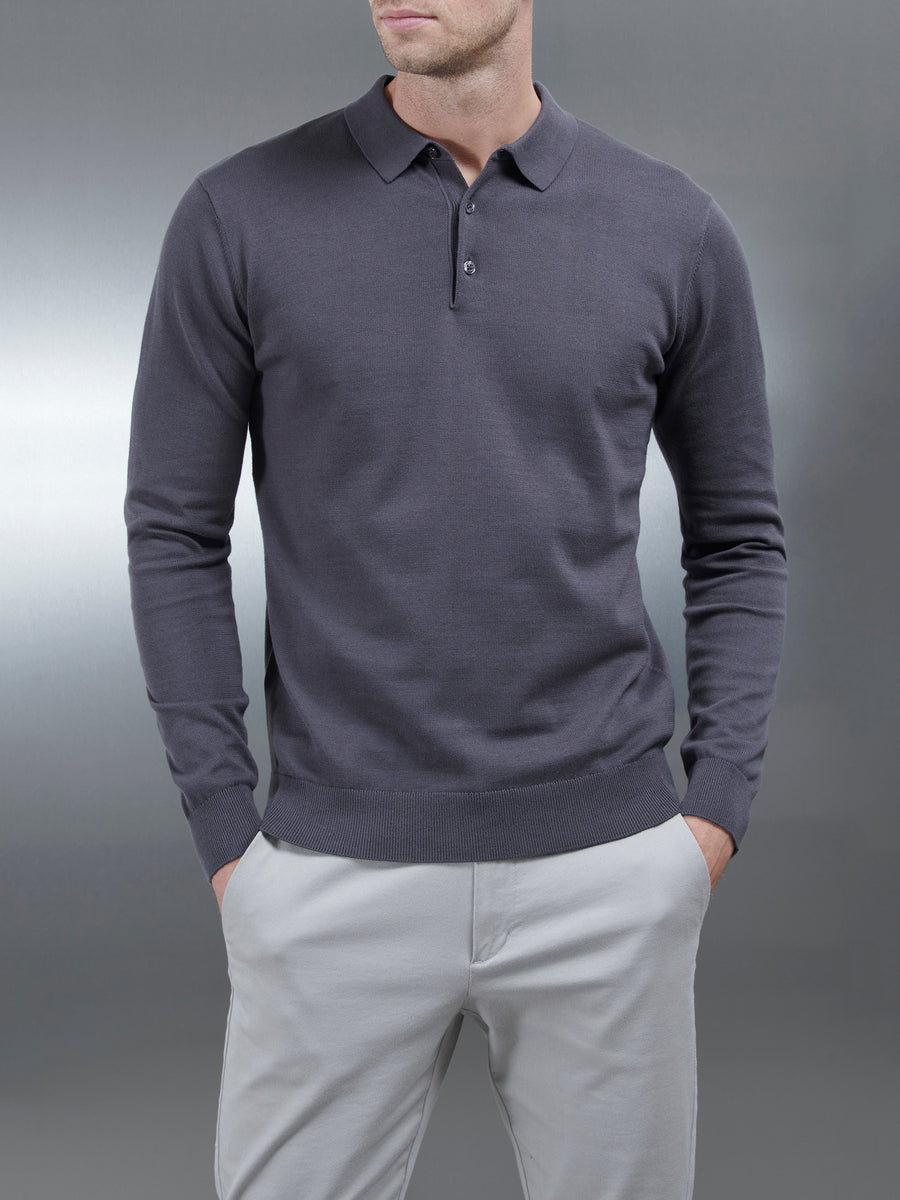 Cotton Knitted Long Sleeve Button Polo Shirt in Grey