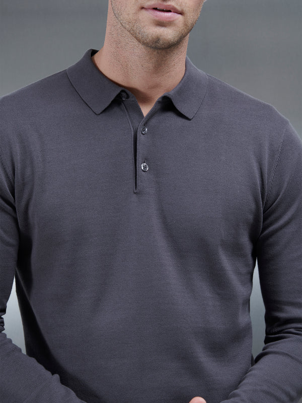 Cotton Knitted Long Sleeve Button Polo Shirt in Charcoal