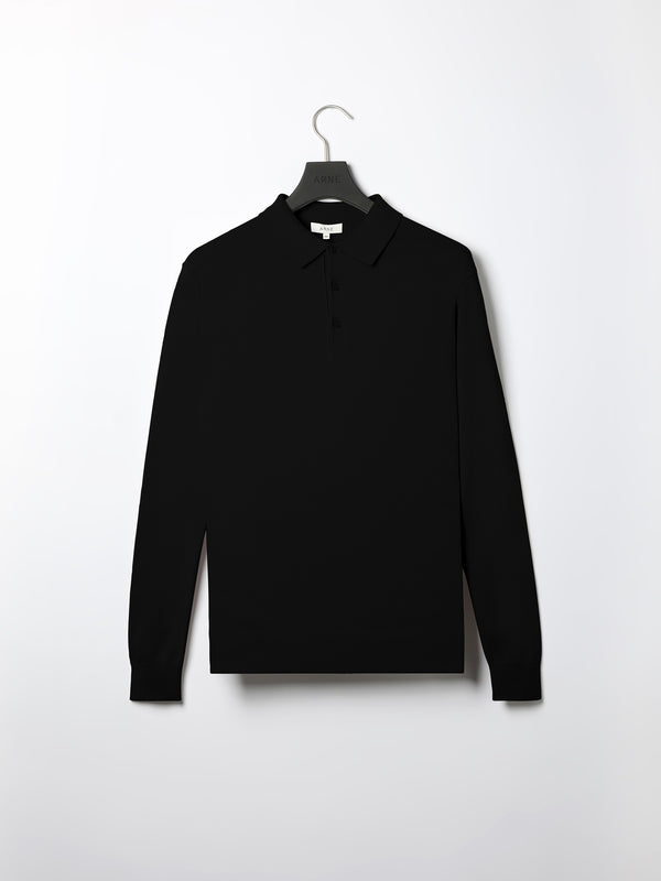 Cotton Knitted Long Sleeve Button Polo Shirt in Black