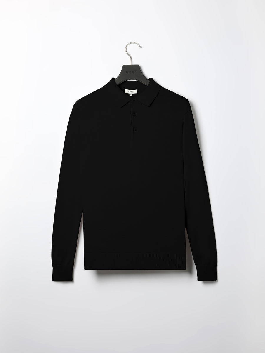 Cotton Knitted Long Sleeve Button Polo Shirt in Black