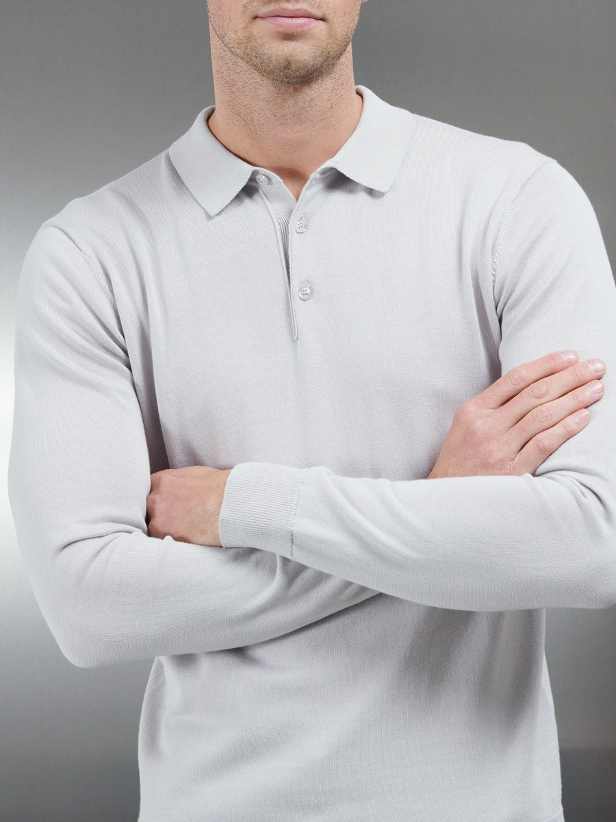 Cotton Knitted Long Sleeve Button Polo Shirt in Mid Grey