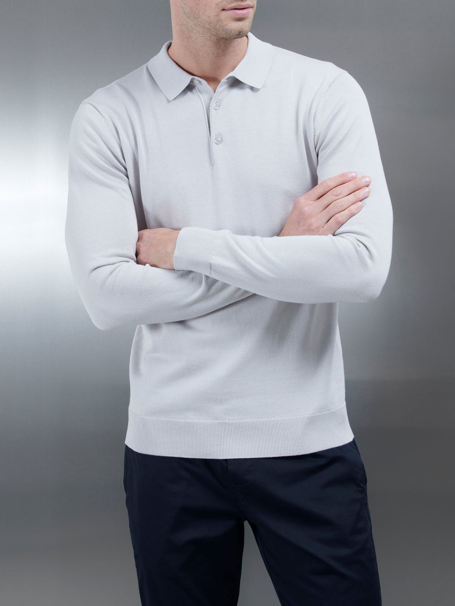 Cotton Knitted Long Sleeve Button Polo Shirt in Mid Grey