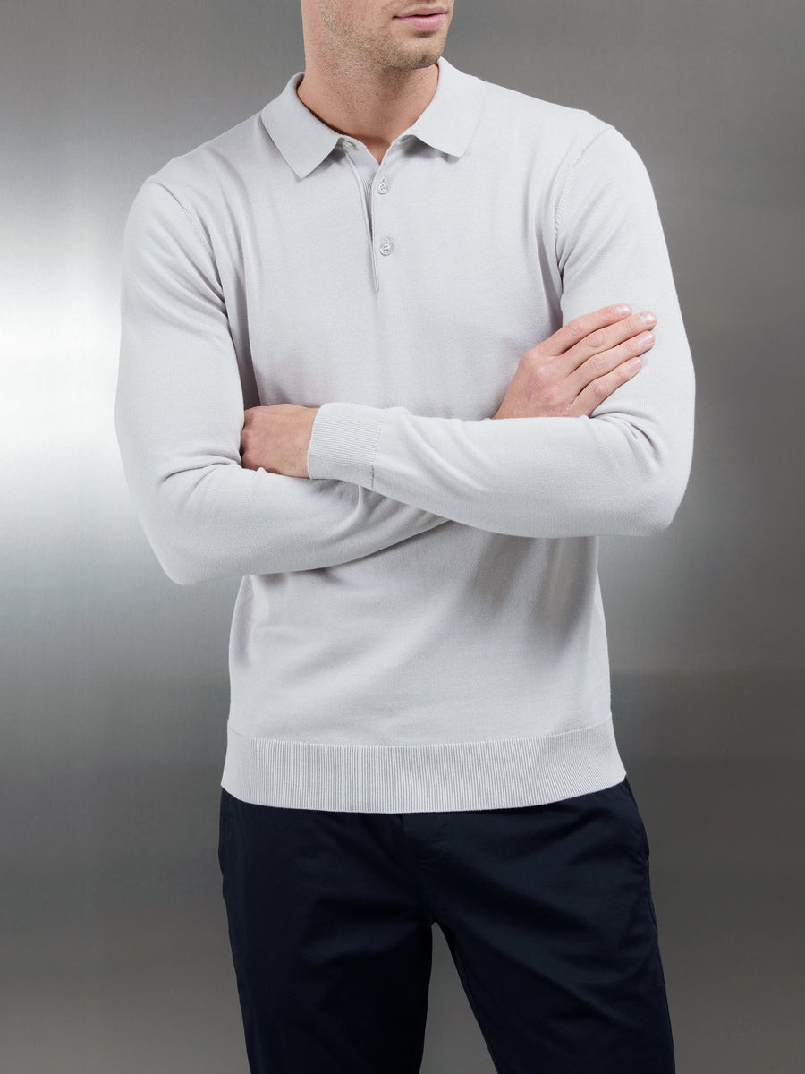 Cotton Knitted Long Sleeve Button Polo Shirt in Mid Grey