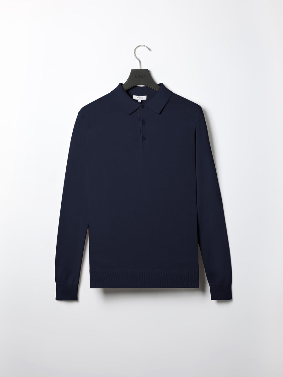 Cotton Knitted Long Sleeve Button Polo Shirt in Navy