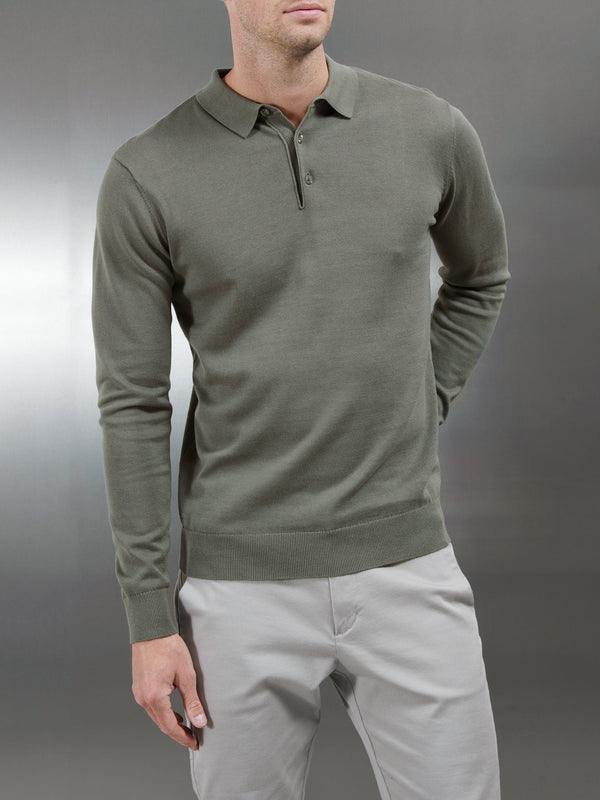 Cotton Knitted Long Sleeve Button Polo Shirt in Sage