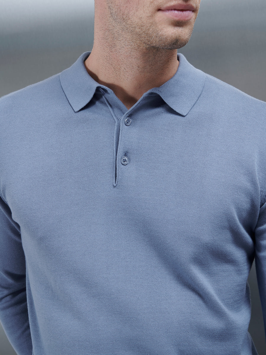 Cotton Knitted Long Sleeve Button Polo Shirt in Silk Blue