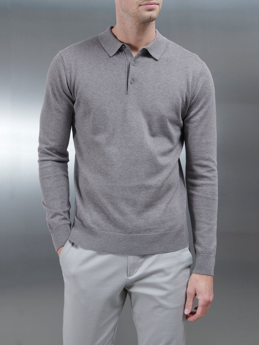 Cotton Knitted Long Sleeve Button Polo Shirt in Taupe
