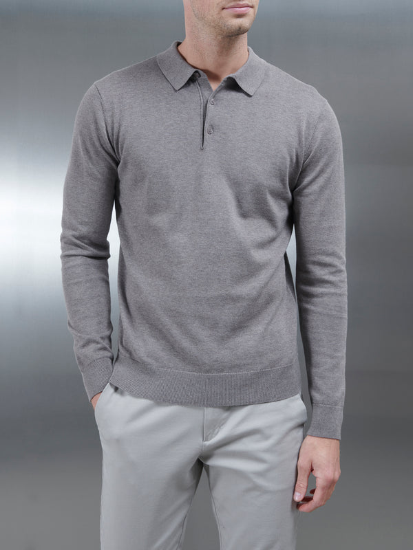 Cotton Knitted Long Sleeve Button Polo Shirt in Taupe Marl