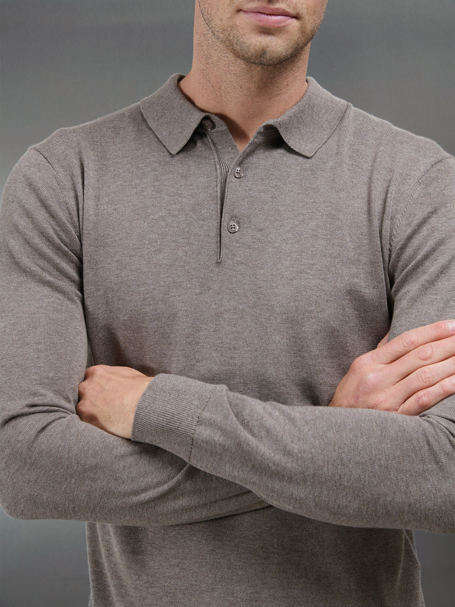 Cotton Knitted Long Sleeve Button Polo Shirt in Taupe Marl