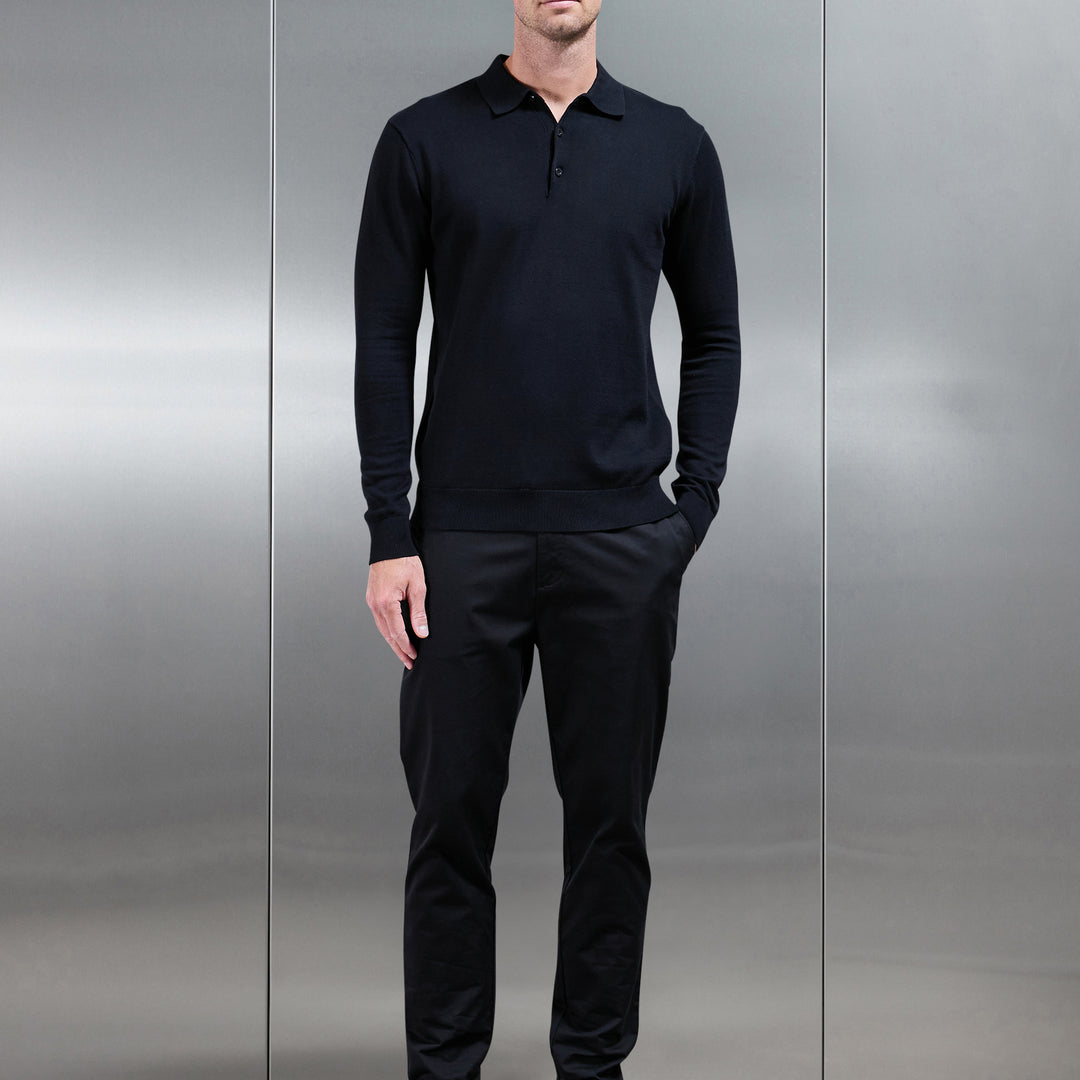 Cotton Knitted Long Sleeve Button Polo Shirt in Black