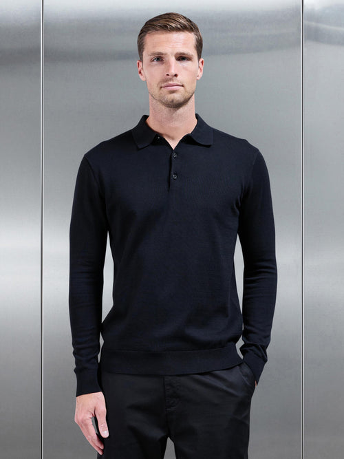 Cotton Knitted Long Sleeve Button Polo Shirt in Black