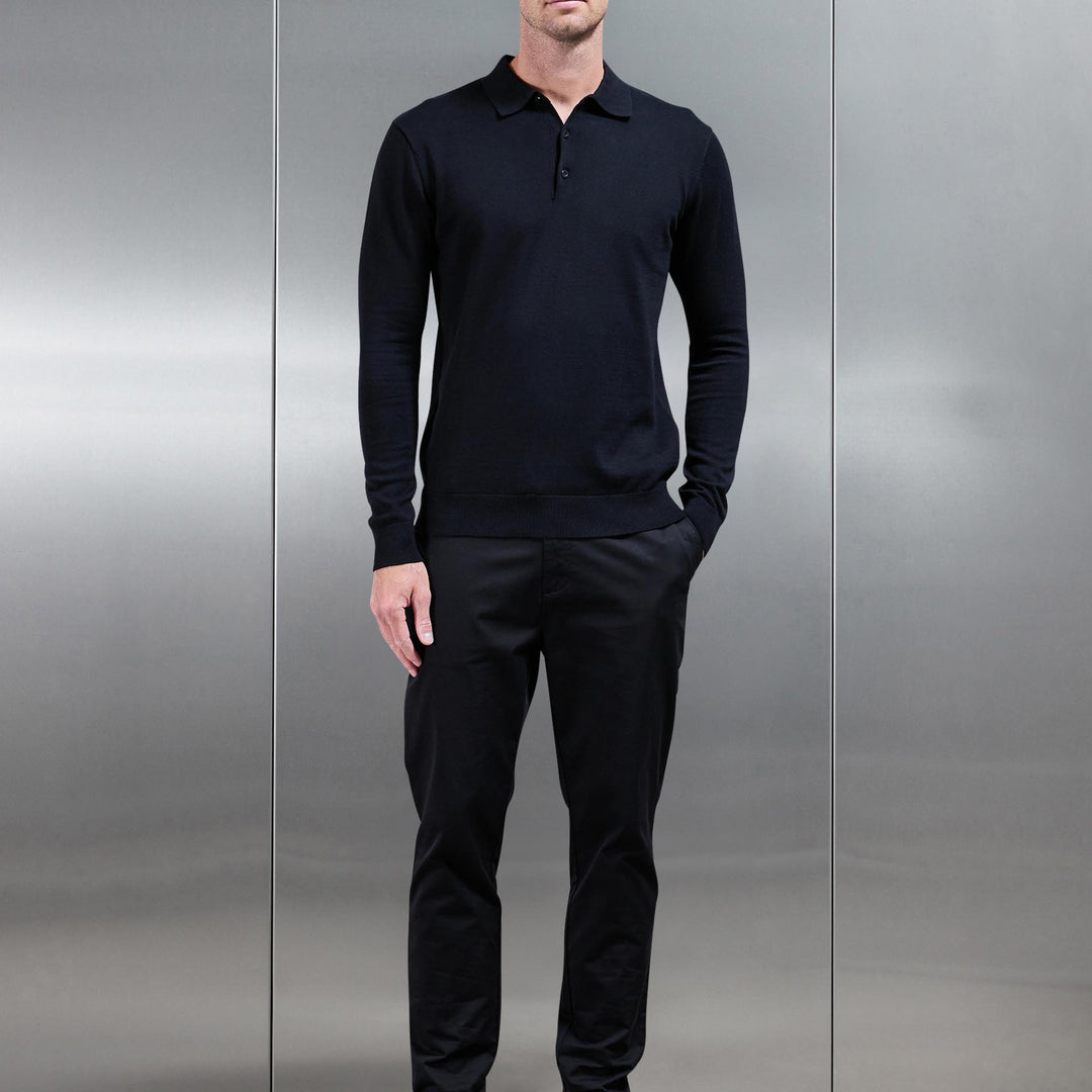 Cotton Knitted Long Sleeve Button Polo Shirt in Black