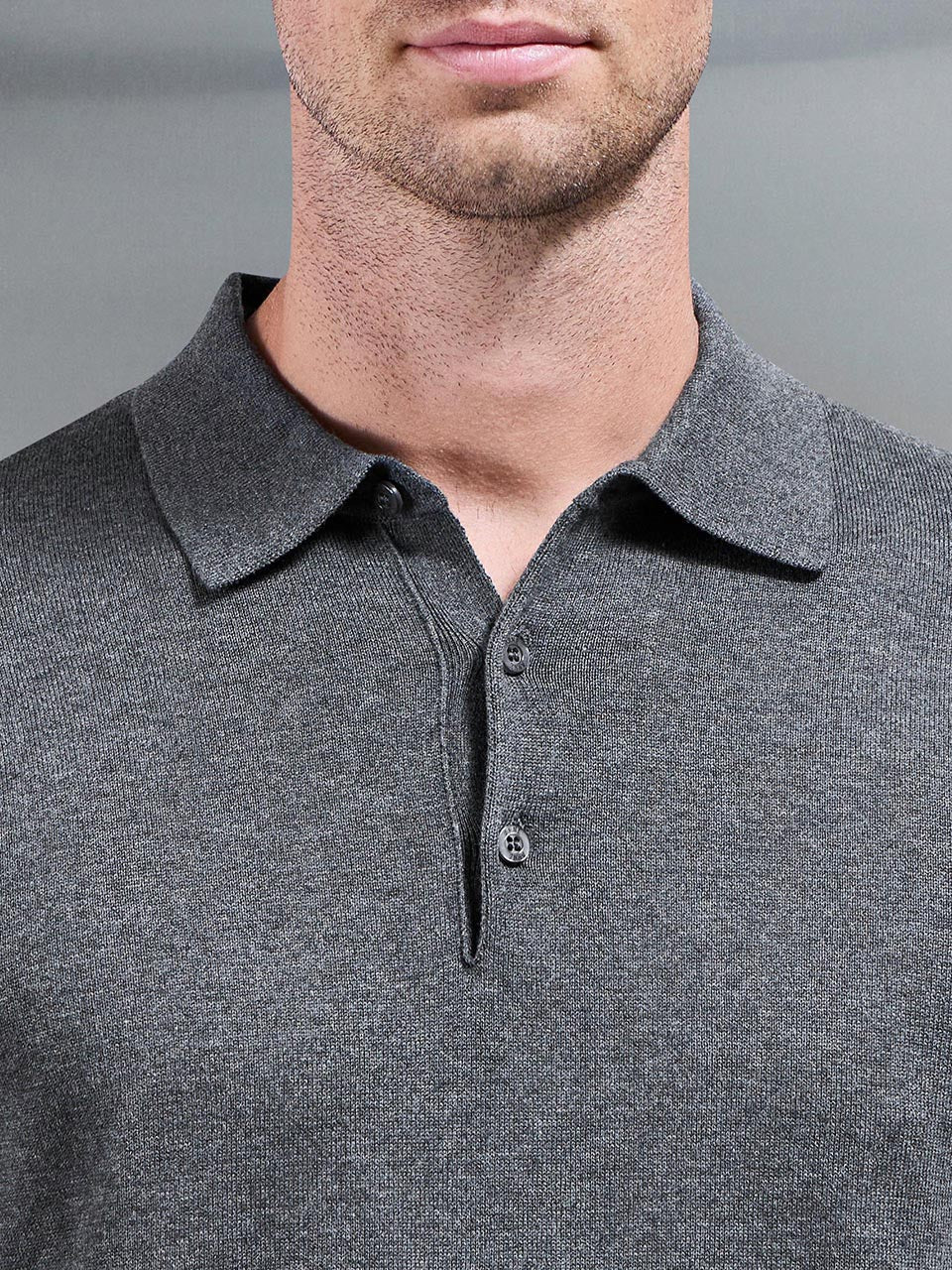 Cotton Knitted Long Sleeve Button Polo Shirt in Charcoal Marl