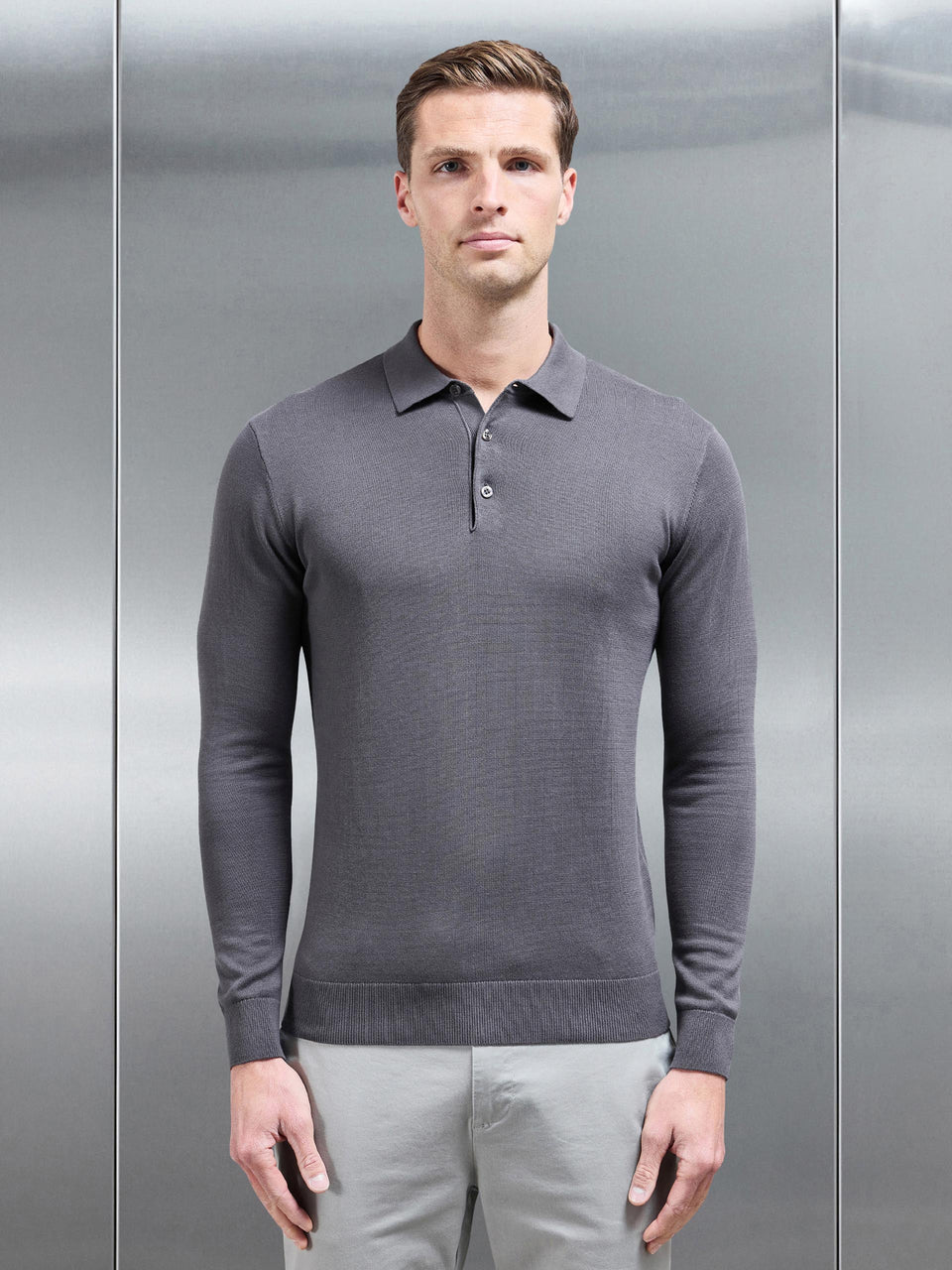 Cotton Knitted Long Sleeve Button Polo Shirt in Grey