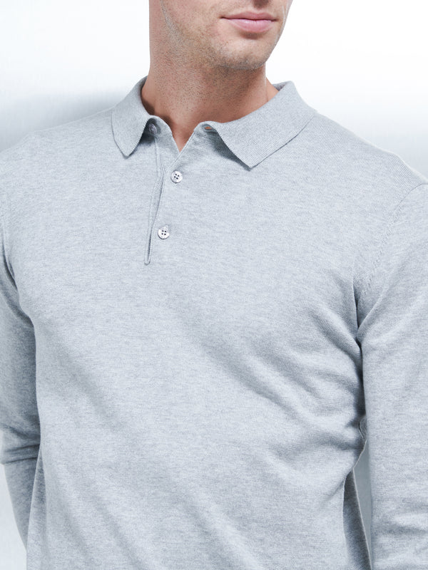 Cotton Knitted Long Sleeve Button Polo Shirt in Marl Grey