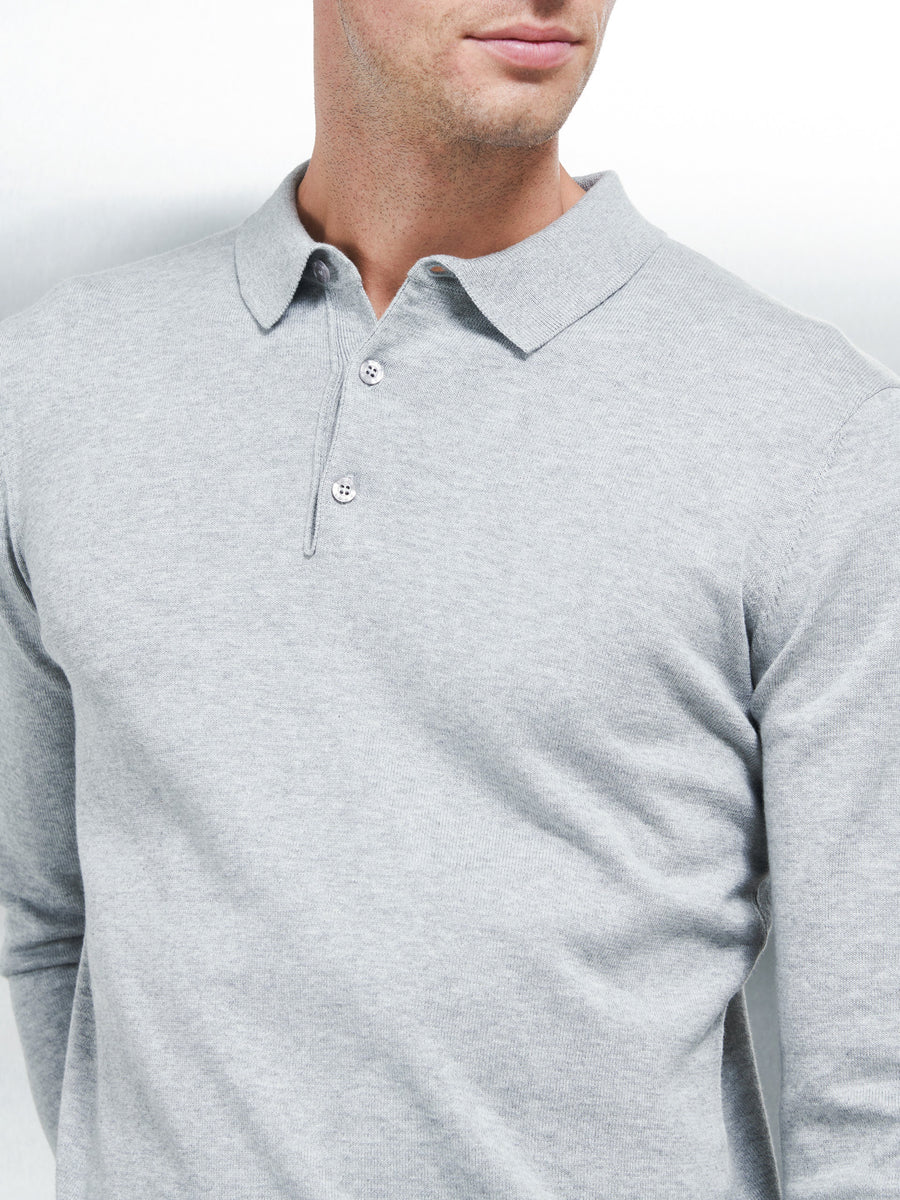 Cotton Knitted Long Sleeve Button Polo Shirt in Marl Grey