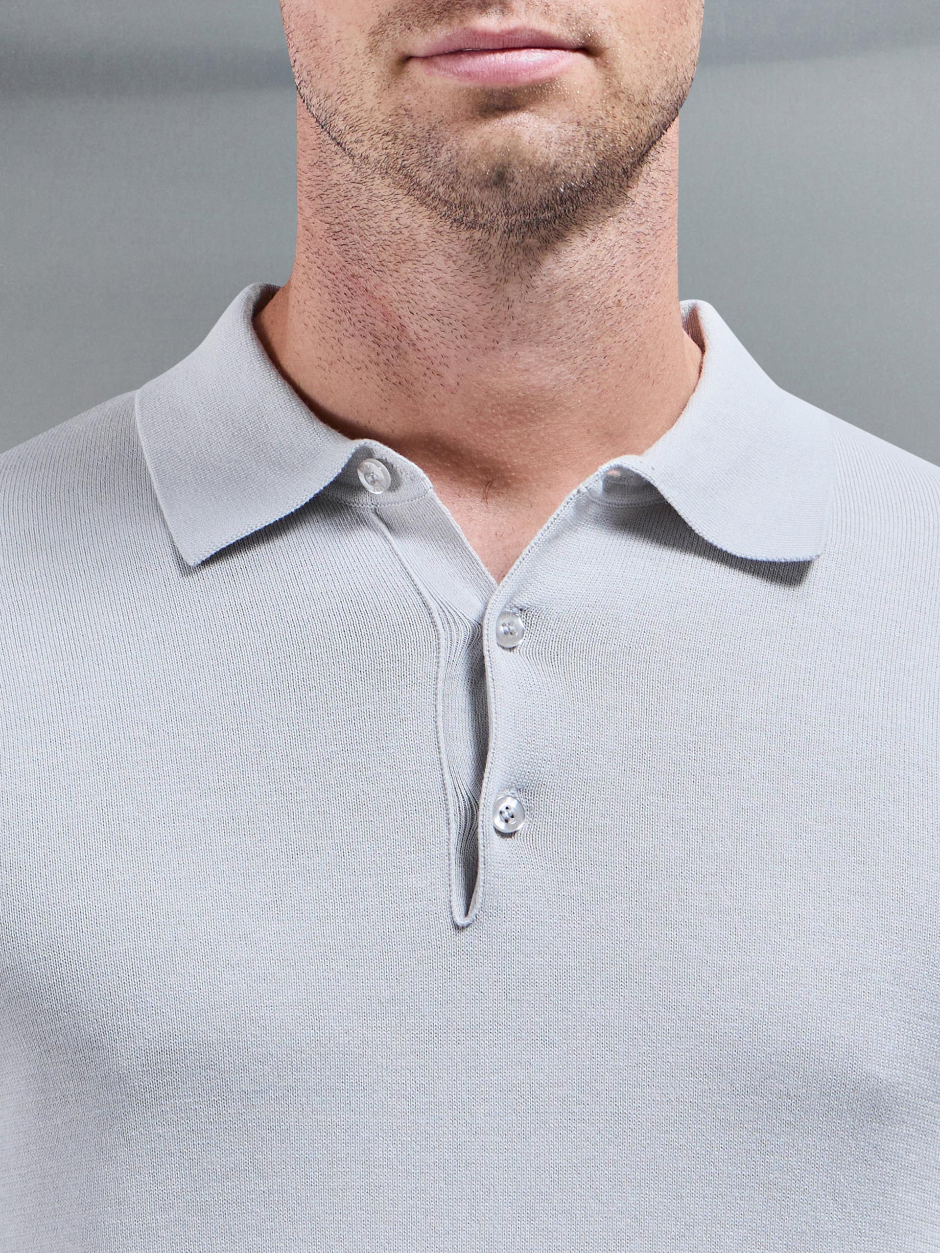 Cotton Knitted Long Sleeve Button Polo Shirt in Mid Grey