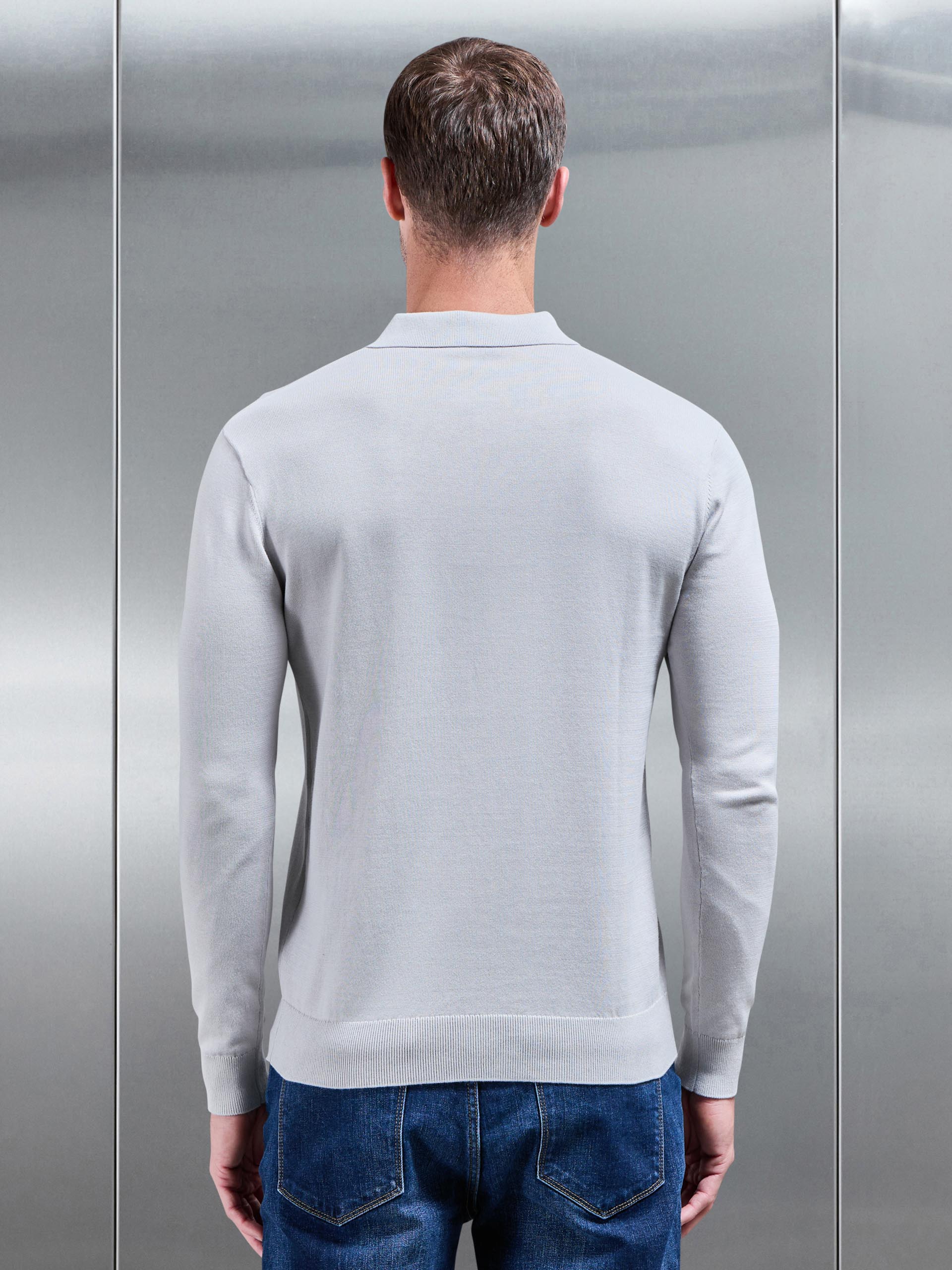 Cotton Knitted Long Sleeve Button Polo Shirt in Mid Grey