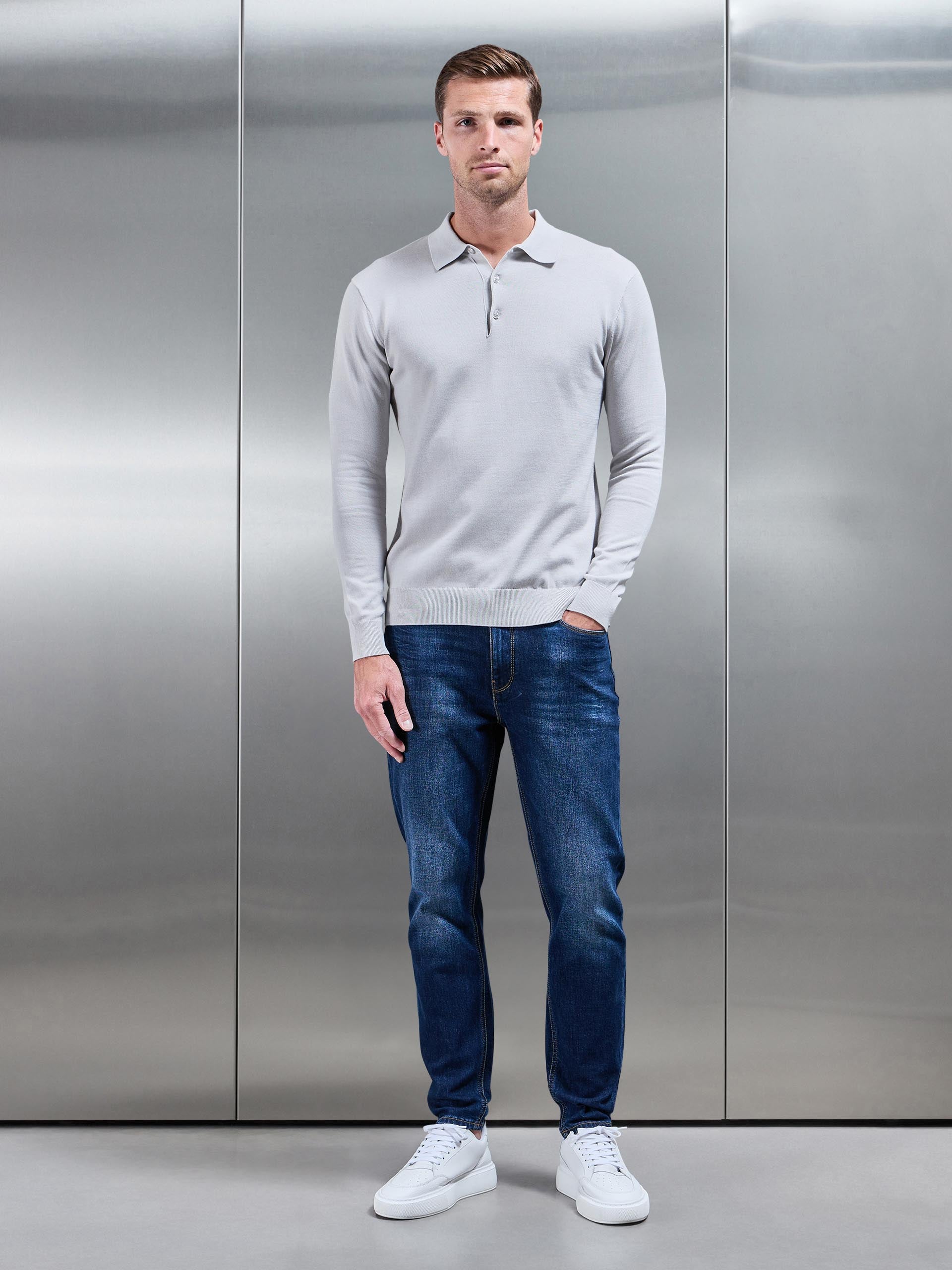 Cotton Knitted Long Sleeve Button Polo Shirt in Mid Grey