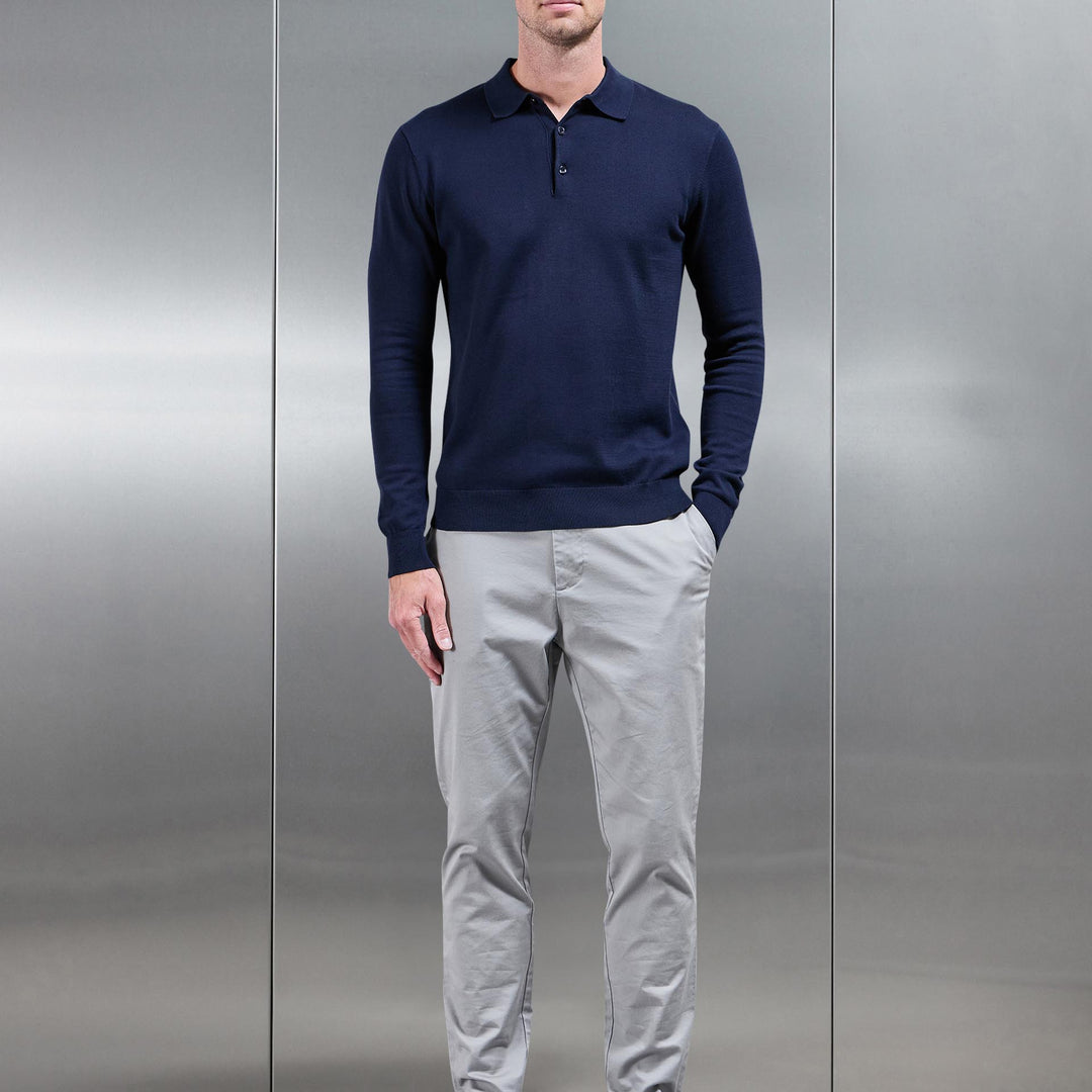 Cotton Knitted Long Sleeve Button Polo Shirt in Navy