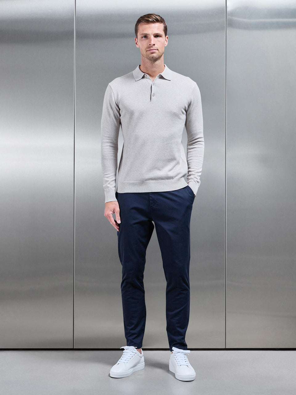 Cotton Knitted Long Sleeve Button Polo Shirt in Oatmeal