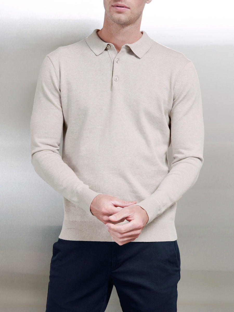 Cotton Knitted Long Sleeve Button Polo Shirt in Oatmeal