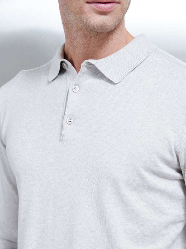 Cotton Knitted Long Sleeve Button Polo Shirt in Oatmeal