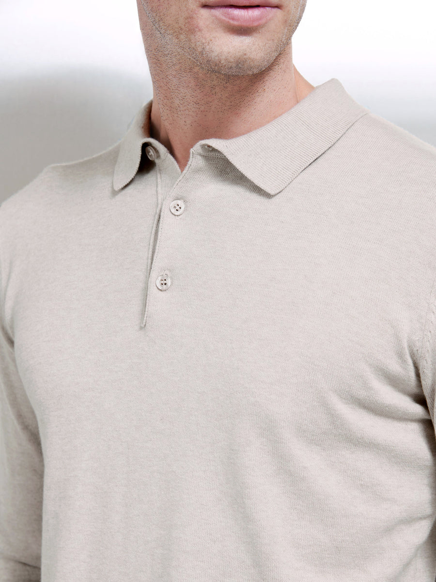 Cotton Knitted Long Sleeve Button Polo Shirt in Oatmeal