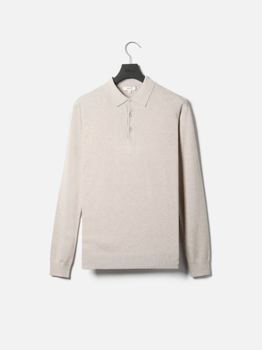 Cotton Knitted Long Sleeve Button Polo Shirt in Oatmeal