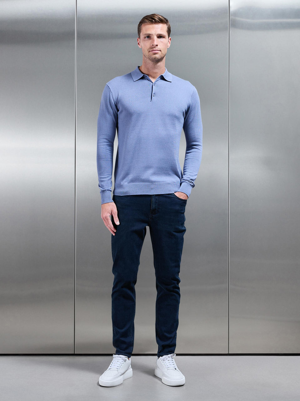 Cotton Knitted Long Sleeve Button Polo Shirt in Silk Blue