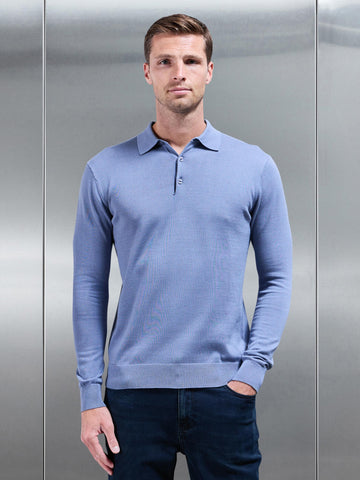 Cotton Knitted Long Sleeve Button Polo Shirt in Silk Blue