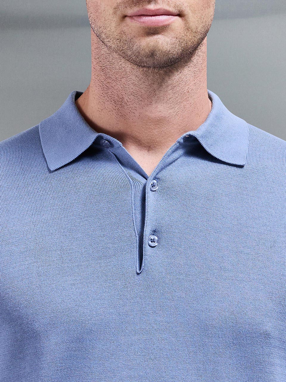 Cotton Knitted Long Sleeve Button Polo Shirt in Silk Blue