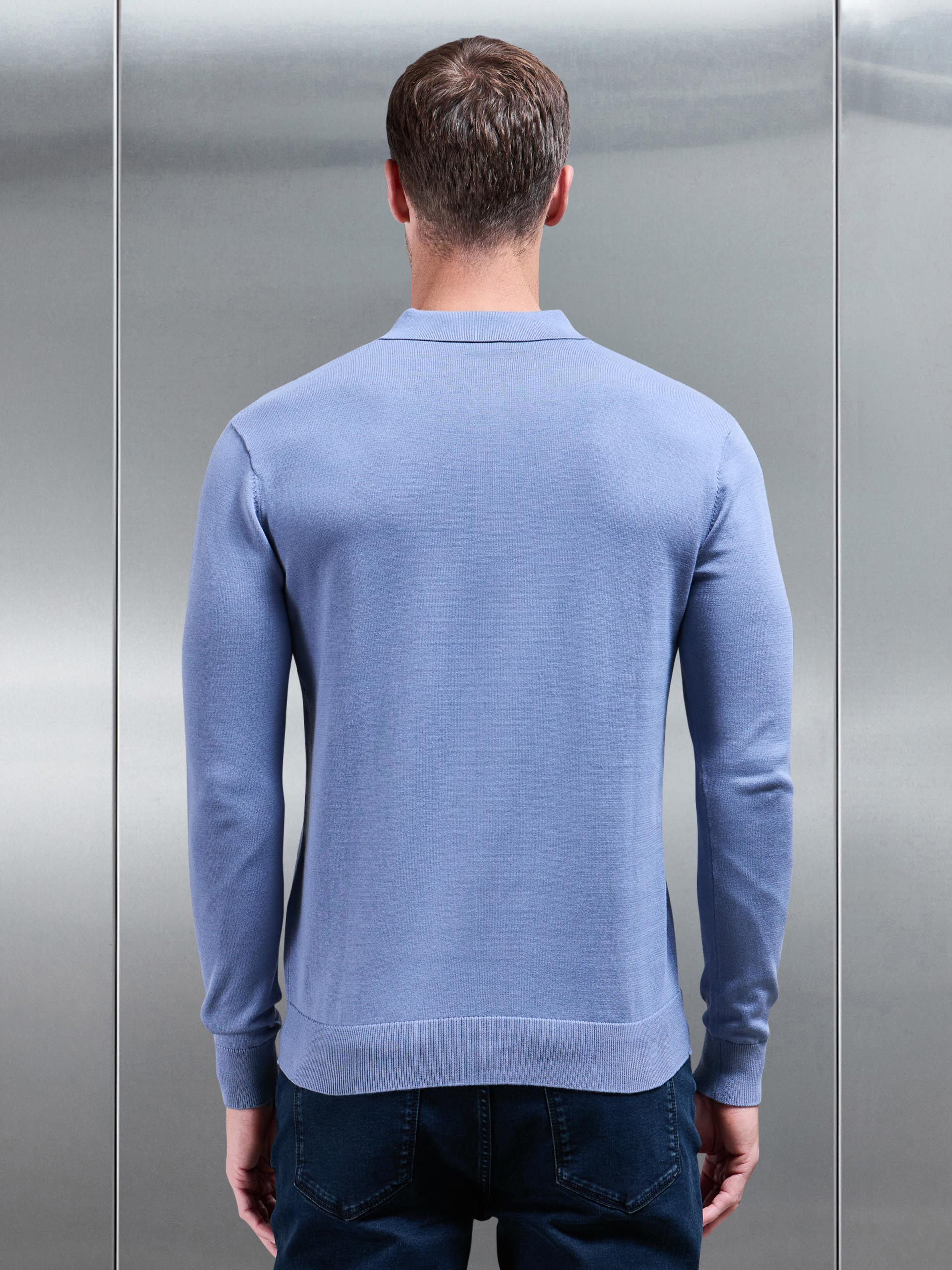 Cotton Knitted Long Sleeve Button Polo Shirt in Silk Blue