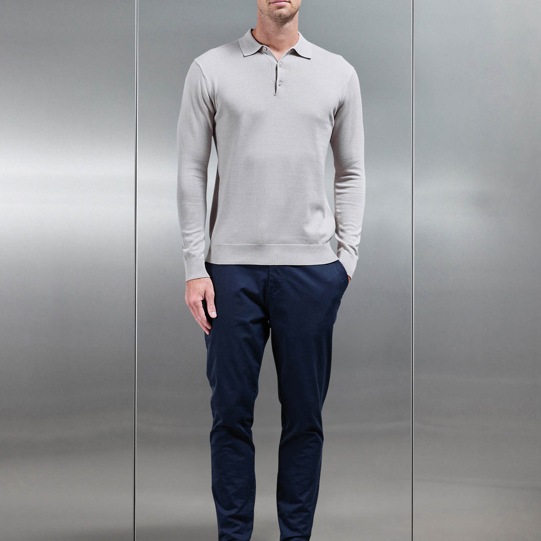 Cotton Knitted Long Sleeve Button Polo Shirt in Stone