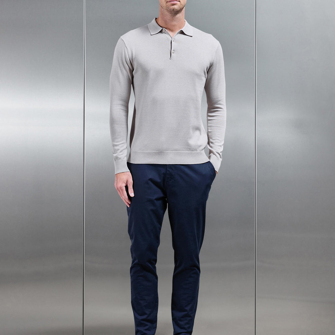 Cotton Knitted Long Sleeve Button Polo Shirt in Stone