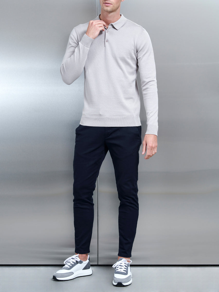 Cotton Knitted Long Sleeve Button Polo Shirt in Stone