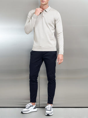 Cotton Knitted Long Sleeve Button Polo Shirt in Stone