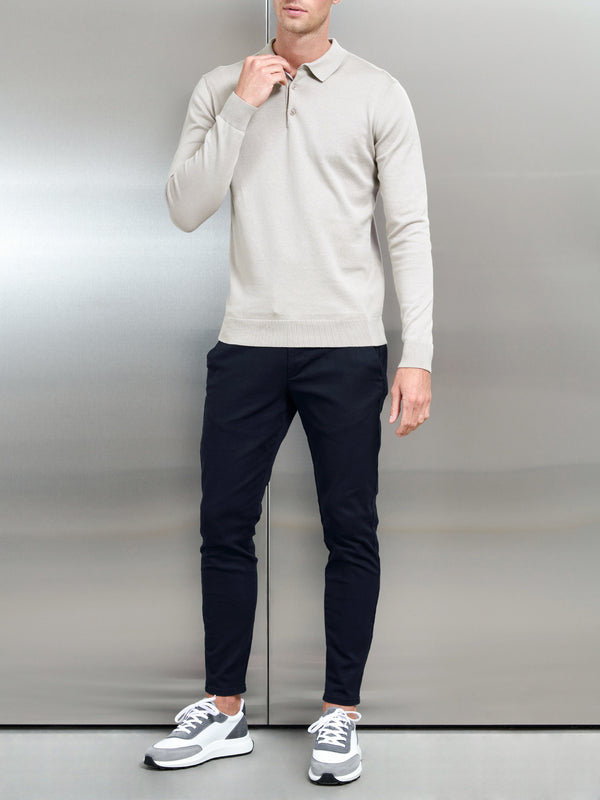 Cotton Knitted Long Sleeve Button Polo Shirt in Stone