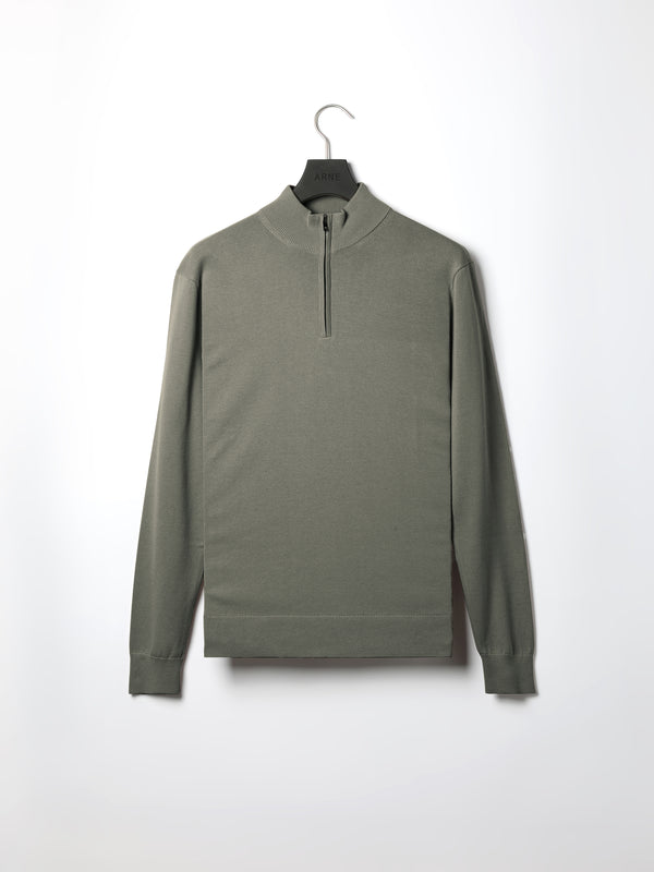 Cotton Knitted Half Zip Funnel Neck Jumper in Sage