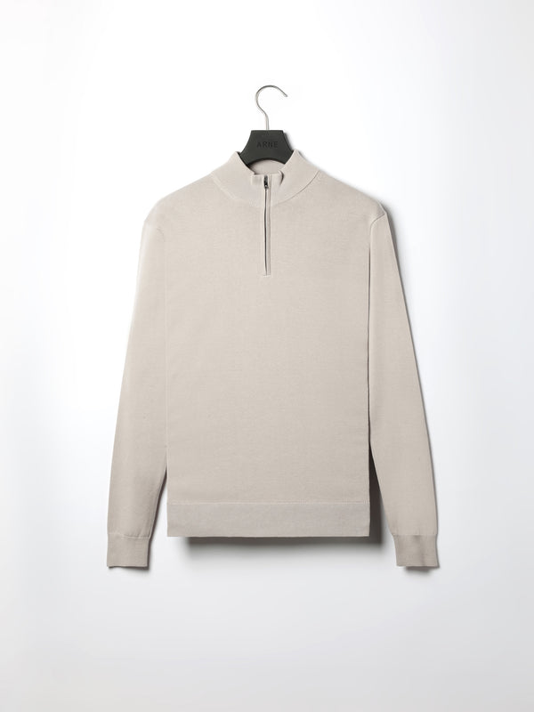 Cotton Knitted Half Zip Funnel Neck Jumper in Stone