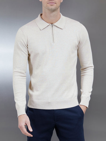 Cotton Knitted Long Sleeve Half Zip Polo Shirt in Oatmeal