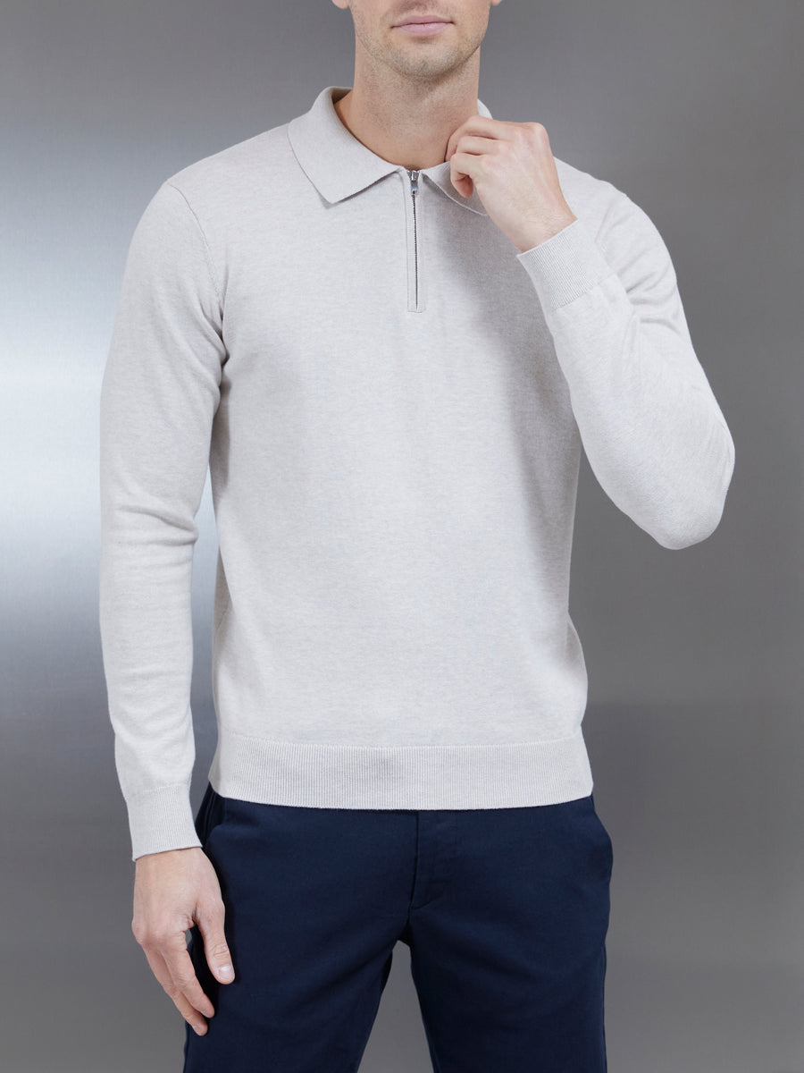 Cotton Knitted Long Sleeve Half Zip Polo Shirt in Oatmeal