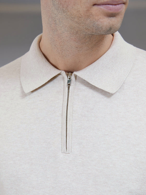 Cotton Knitted Long Sleeve Half Zip Polo Shirt in Oatmeal