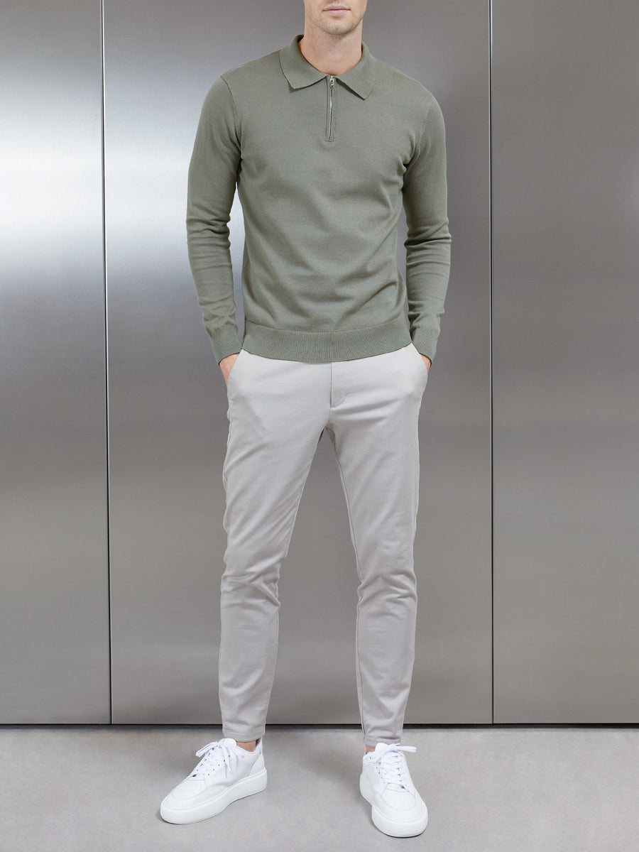 Cotton Knitted Long Sleeve Half Zip Polo Shirt in Sage