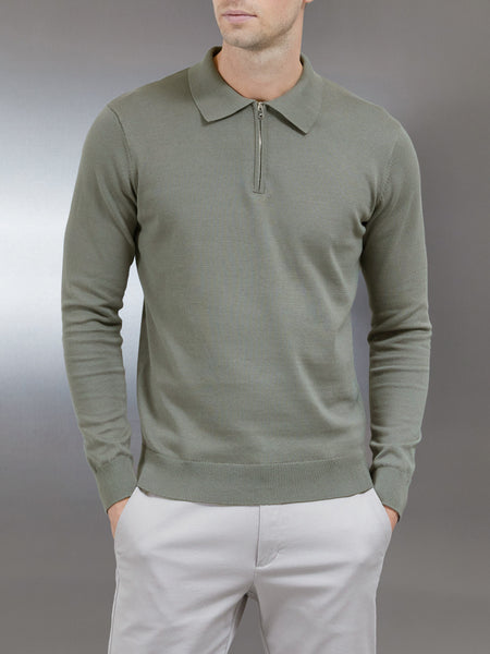 Cotton Knitted Long Sleeve Half Zip Polo Shirt in Sage