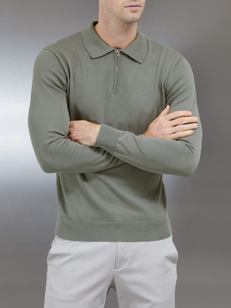 Cotton Knitted Long Sleeve Half Zip Polo Shirt in Sage