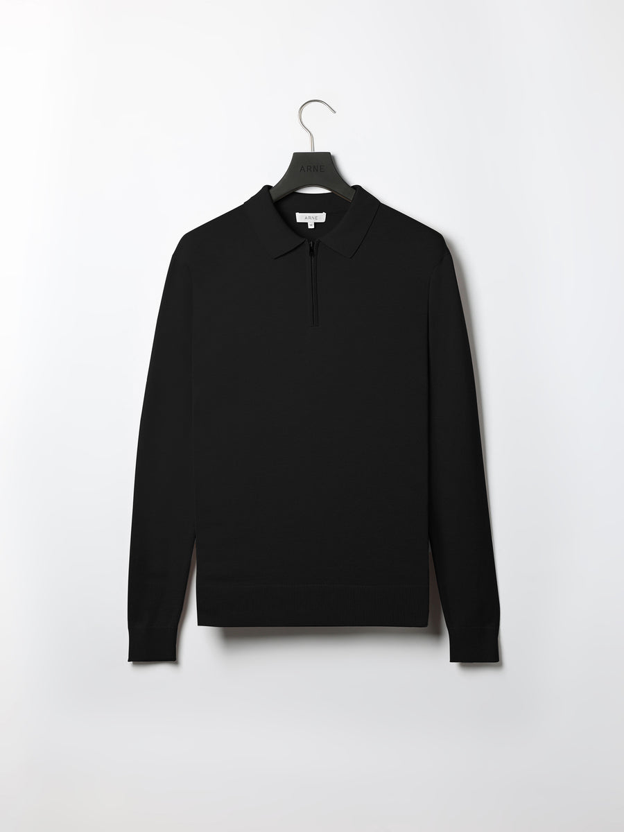 Cotton Knitted Long Sleeve Half Zip Polo Shirt in Black